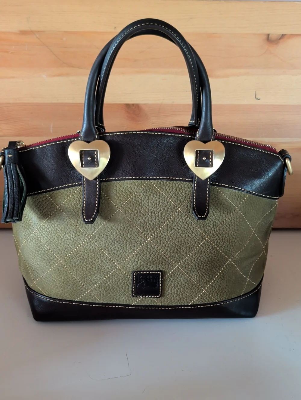Dooney & Bourke Olive Green Quilted Satchel with Dark Brown Trim, No Strap.🌟🌟